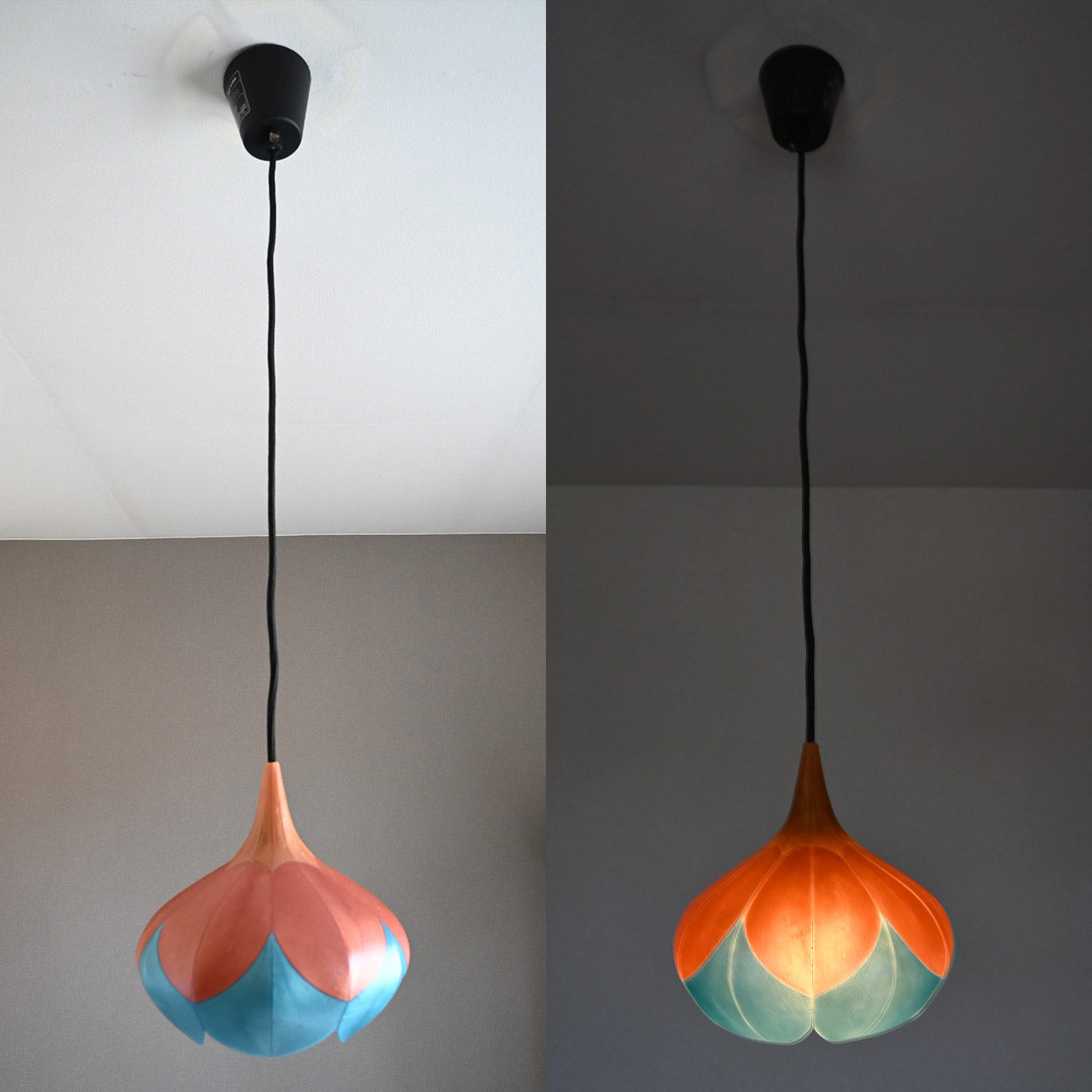 Two-tiered flower-shaped pendant light in light orange, deep orange, and light blue [P01b-01]