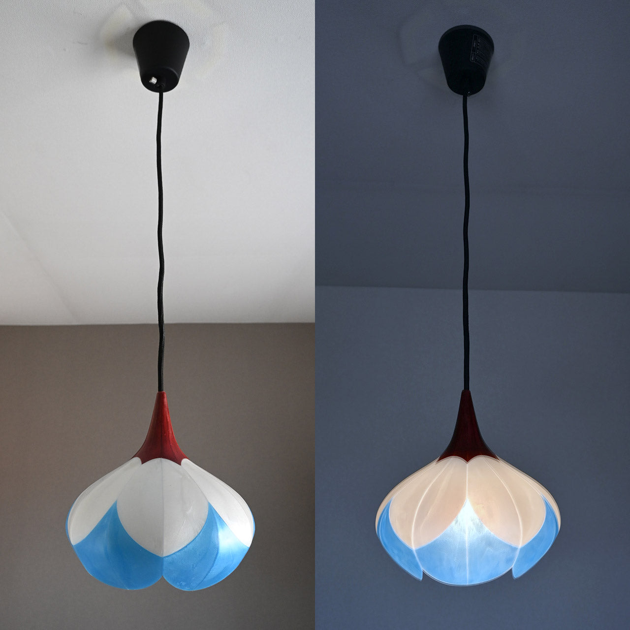 Two-tiered flower-shaped pendant light in scarlet, snow white, and sky blue [P01b-02]