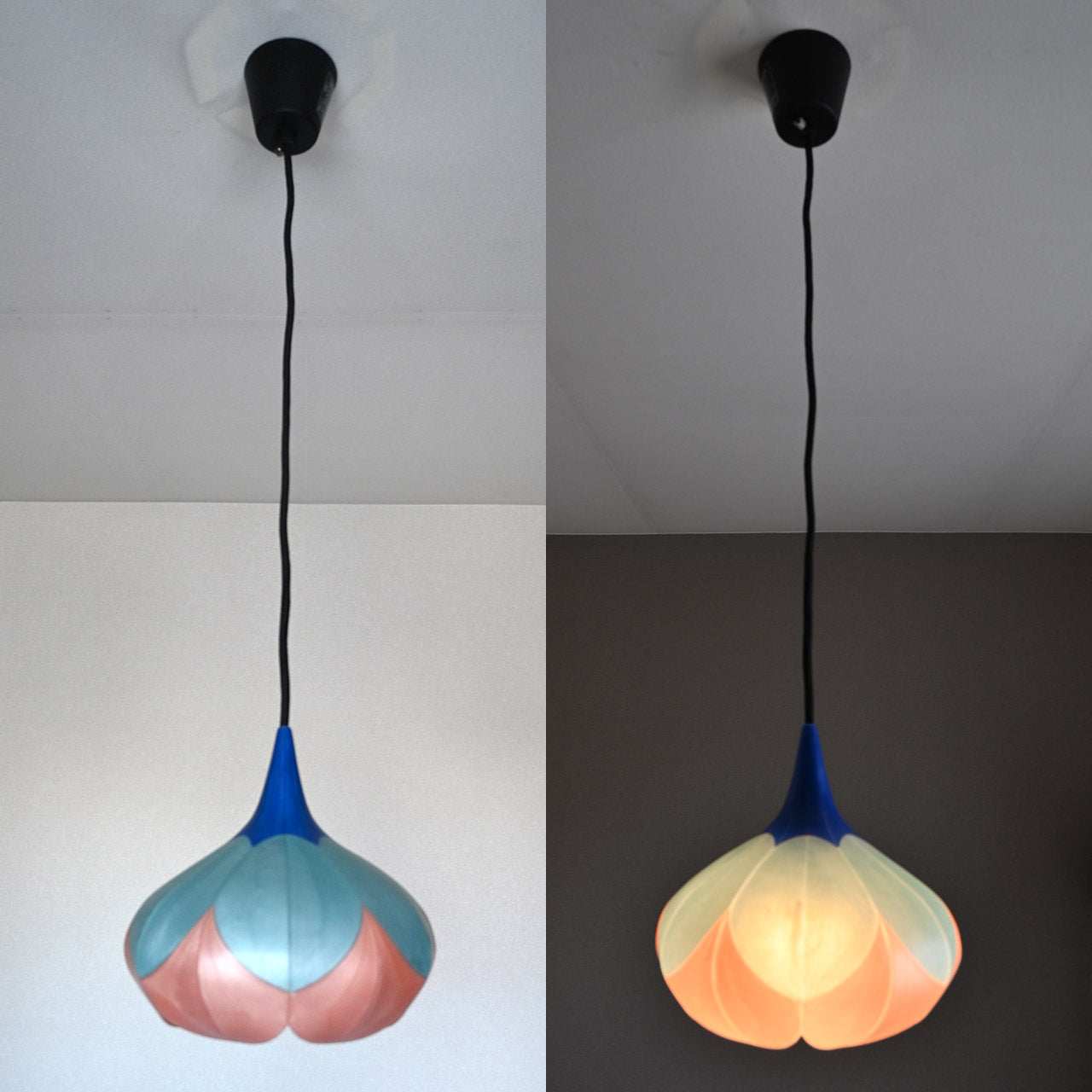 Two-tiered flower-shaped pendant light in marine blue, turquoise blue, and orange ash [P01b-03]
