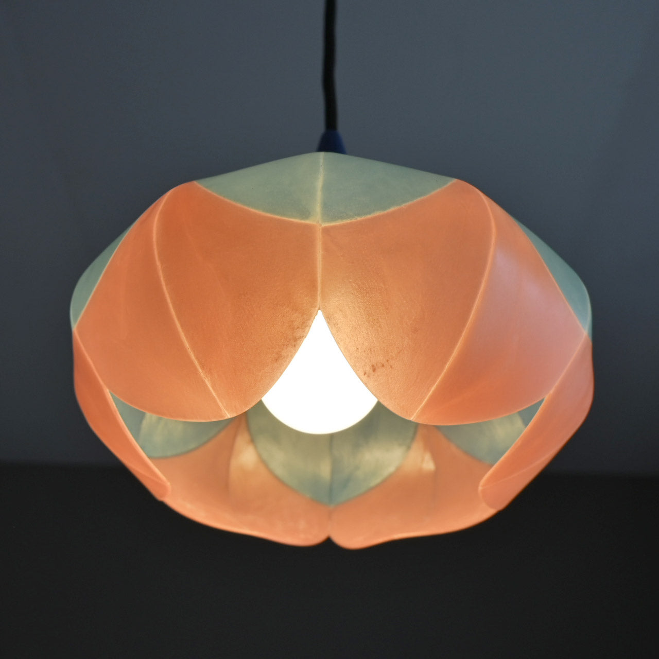 Two-tiered flower-shaped pendant light in marine blue, turquoise blue, and orange ash [P01b-03]