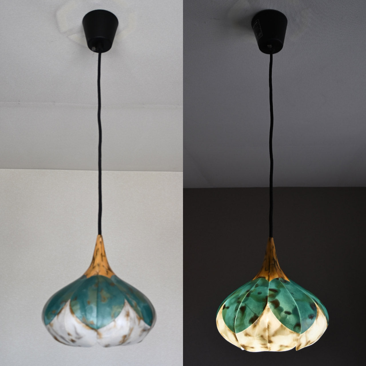 Two-tiered flower-shaped pendant light in yellow, green, and white marble colors [P01b-06]
